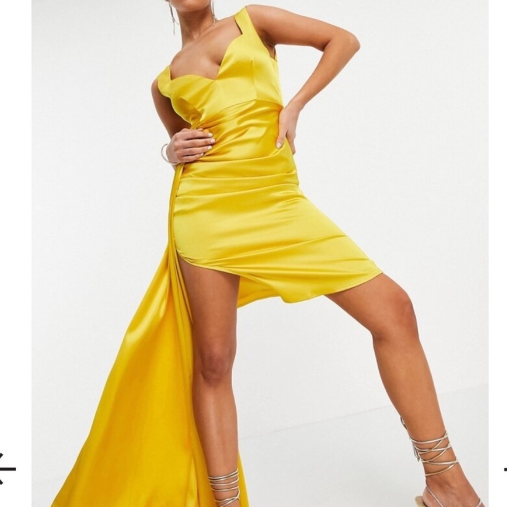 YAURA Sweetheart Satin Ruched Mini Dress With Side Drape in Golden Yellow - ASOS